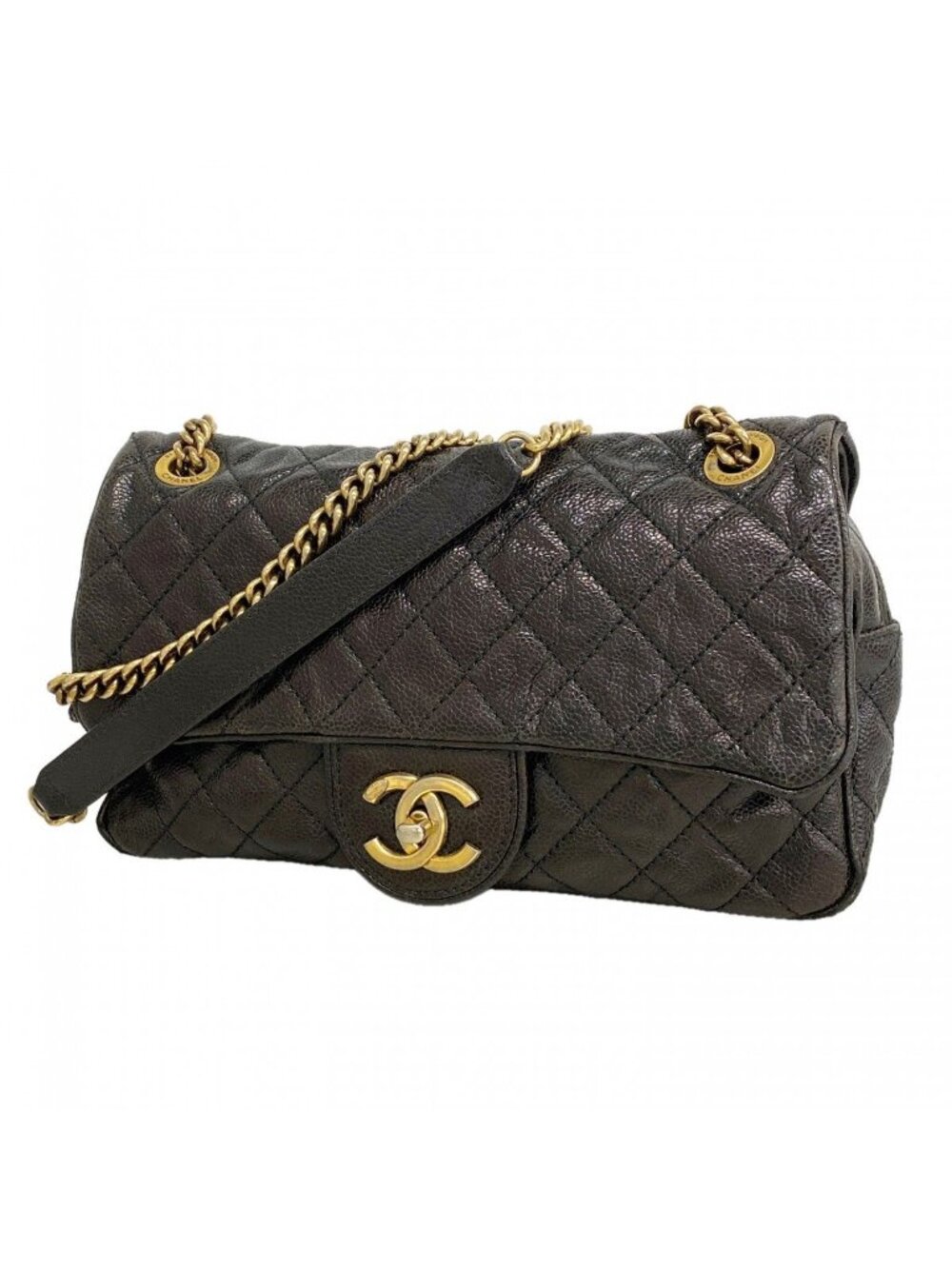 Chanel Shoulder Bag Quilted Caviar Leather Black Gold